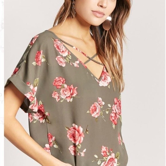 Army green and pink floral top size large - Picture 1 of 7